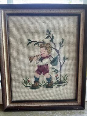 Vintage 1970s Needlepoint Art: Framed Boy Trumpet Player